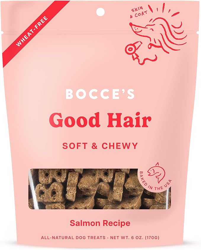 Bocce's Bakery Dailies Good Hair Dog Treats for Skin & Coat Support, Wheat-Free Dog Treats, Made with Real Ingredients, Baked in The USA, Natural Soft & Chewy, Salmon Recipe, 6 oz
