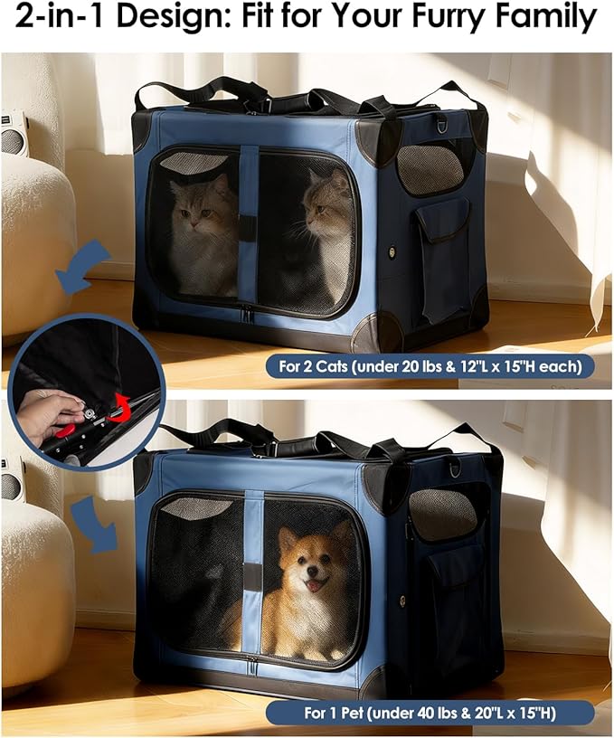 Extra Large Cat Carrier for 2 Cats, XL with Removable Divider, Foldable Soft-Sided Pet Carrier with Storage Tote, Portable Travel Crate for Large Cats, for Car & Home Use, 24" x 17" x 17"