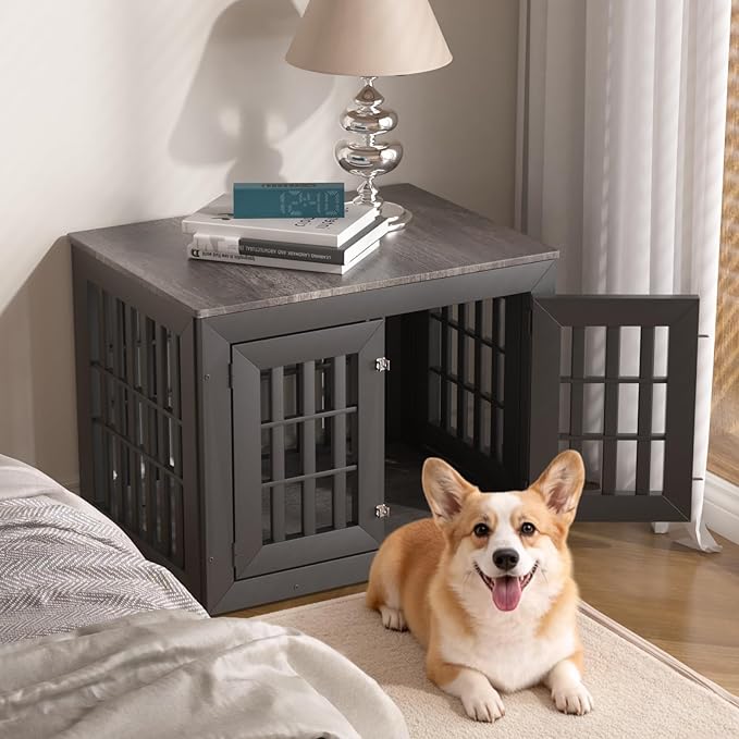 Snuowu 32" Heavy-Duty Dog Crate Furniture for Small/Medium Dogs, Rustic Wooden Dog Cage Kennel Indoor Furniture, Decorative Pet House End Table, Black & Grey