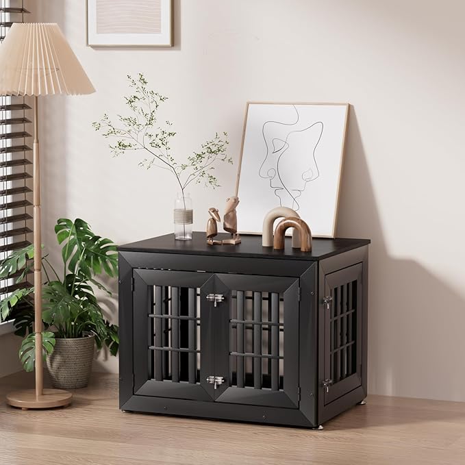 Snuowu 32" Heavy-Duty Dog Crate Furniture for Small/Medium Dogs, Rustic Wooden Dog Cage Kennel Indoor Furniture, Decorative Pet House End Table, Black