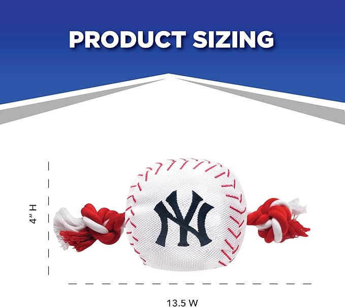 MLB NEW YORK YANKEES Baseball Rope Toy for DOGS & CATS. Tough nylon, Sporty Baseball Design, Heavy-duty ropes with Inner SQUEAKER