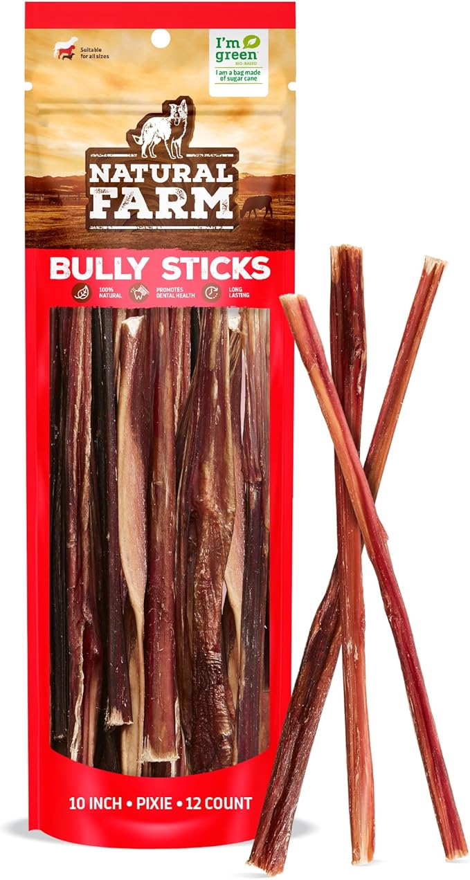 Natural Farm Pixie Bully Sticks (10 Inch, 12 Pack), Pet Pizzle Chew, Extra-Thin Pet Treats - Grain-Free, High Protein, Best Rawhide Alternative for Small, Puppies or Senior Dogs