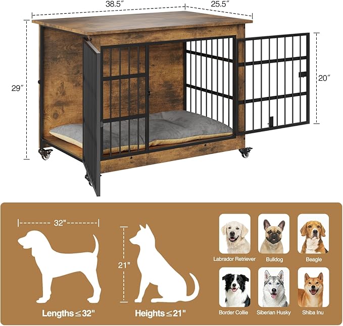 Halitaa 38.5" Dog Crate Furniture with Cushion and Wheels, Wooden Dog Kennel Indoor for Medium/Large Dogs, Farmhouse Pet Cage for Anxiety Dog, Rustic Brown (38.5" L x 25.5" W x 29" H)