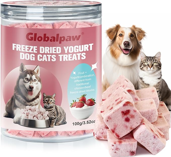 Freeze Dried Yogurt Dog Cats Treats Crunchy Snacks with Strawberry100g (3.52oz), High Protein Yogurts Snacks Pets Food for Cats Dogs Training (Strawberry Yogurt 3pcs)