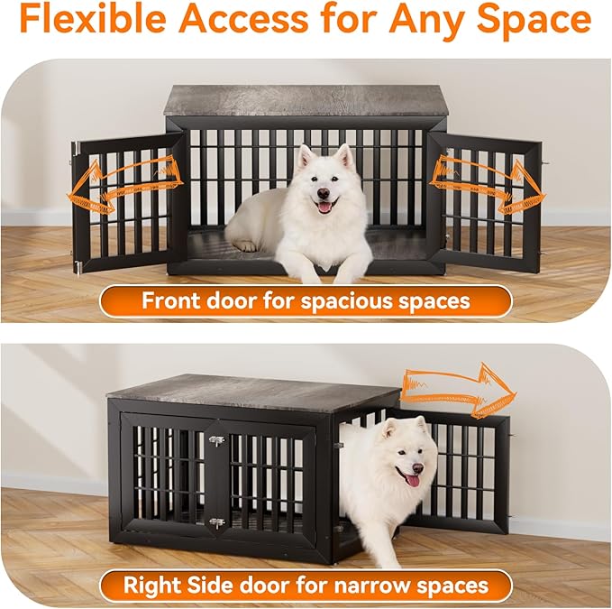 Snuowu 42" Heavy-Duty Dog Crate Furniture for Large/Medium Dogs, XL Wooden Dog Cage Kennel Indoor Furniture, Decorative Pet House End Table, Black & Grey