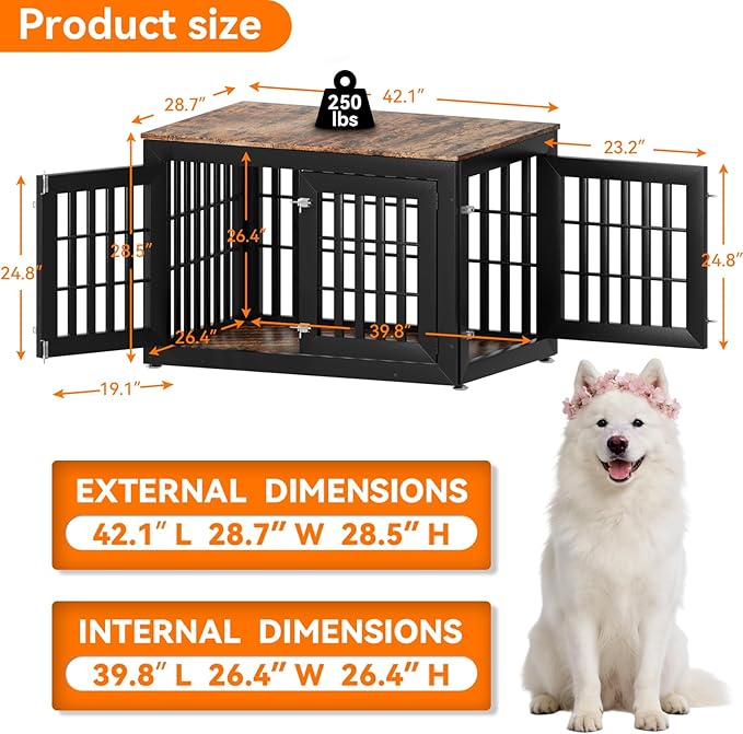 Snuowu 42" Heavy-Duty Dog Crate Furniture for Large/Medium Dogs, XL Wooden Dog Cage Kennel Indoor Furniture, Decorative Pet House End Table, Black & Wood