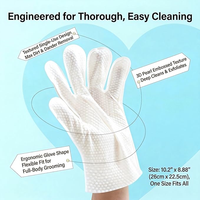 Pet Glove Wipes for Cats & Dogs, No Rinse Deodorizing Cleaning Mittens, Sphynx Cat Supplies, Thickened Hypoallergenic Aloe Vera, Unscented Full Body Grooming, Daily Care & Travel, 6 Count