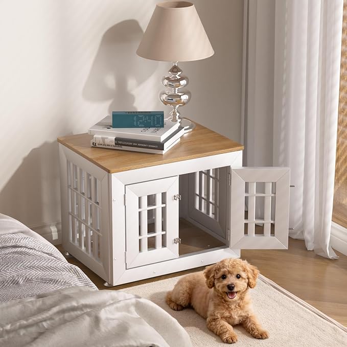 Snuowu 26" Heavy-Duty Dog Crate Furniture for Small/Medium Dogs, Rustic Wooden Dog Cage Kennel Indoor Furniture, Decorative Pet House End Table, White & Wood