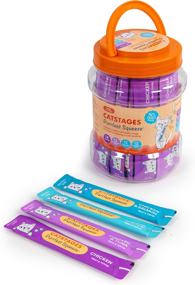 Catstages Purrfect Squeeze Lickable Cat Treats, Creamy Purée Squeezable Treat & Topper, 0.5 oz Tubes, 50-Count, 4-Flavor Variety Pack
