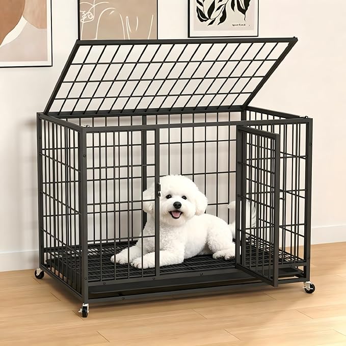 HIWOKK 38 Inch Dog Crates for Meidum Small Dogs,Metal Wire Cages Dog Kennels Pet Cage with Double-Door,Removable Tray,for Small Medium Dogs