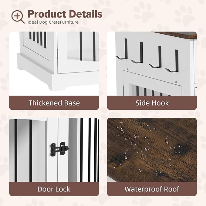 Kucreiheat 40'' Wooden Dog Crate Furniture–Farmhouse Dog Kenel-Multi Purpose Pet House with Double Doors, 2 Drawers, for Small, Medium & Large Dogs–White & Brown Finish