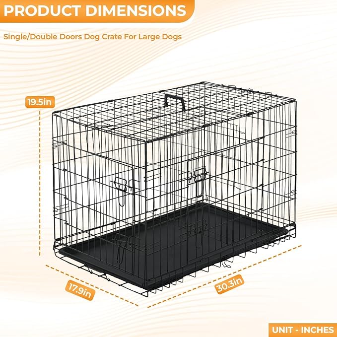 30 Inch Dog Crate for Medium Dogs, Folding Metal Wire Dog Cage, Dog Kennel Indoor and Outdoor, Dog Crate with Double Doors, Dividers, Plastic Leak-Proof Tray, Removable Handles, Black