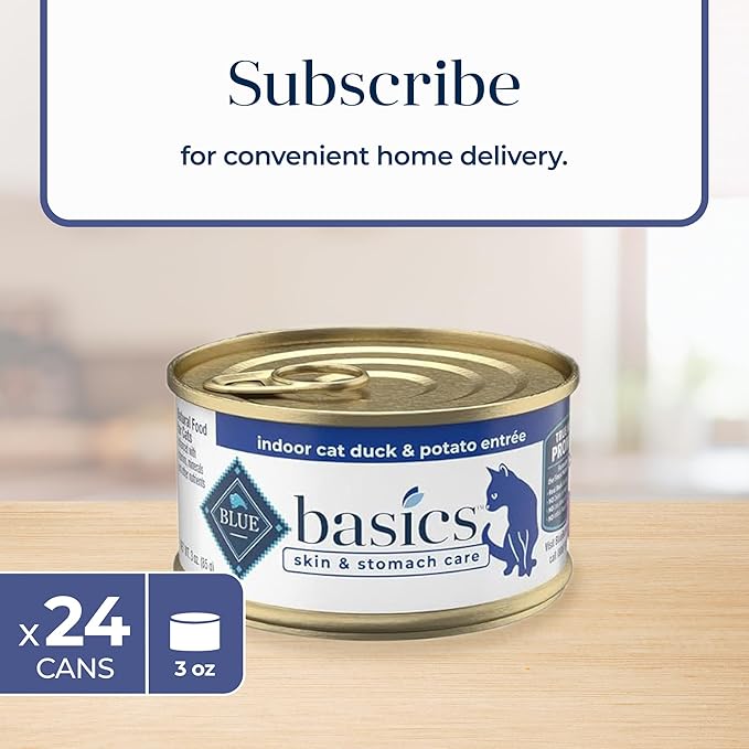 Blue Buffalo Basics Grain-Free Wet Cat Food, Skin & Stomach Care, Limited Ingredient Diet for Indoor Cats, Duck & Potato Entrée, 3-oz Cans (24 Count)