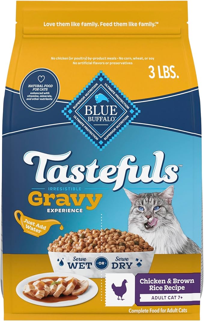 Blue Buffalo Tastefuls Irresistible Gravy Experience Adult Cat 7+ Dry Food, Chicken & Brown Rice Recipe, 3-lb. Bag