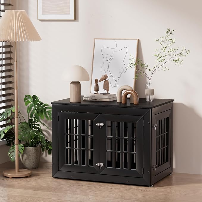 Snuowu 38" Heavy-Duty Dog Crate Furniture for Large/Medium Dogs, Rustic Wooden Dog Cage Kennel Indoor Furniture, Decorative Pet House End Table, Black