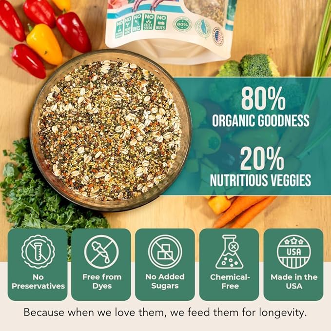 Organic Parakeet Food - No Fillers, Fatty Seeds, or Dyes - Budgies, Lovebirds & Parrotlets - Premium Human Grade Seed Mix, Grain & Wholesome Veggies – Made in USA (4 lbs)