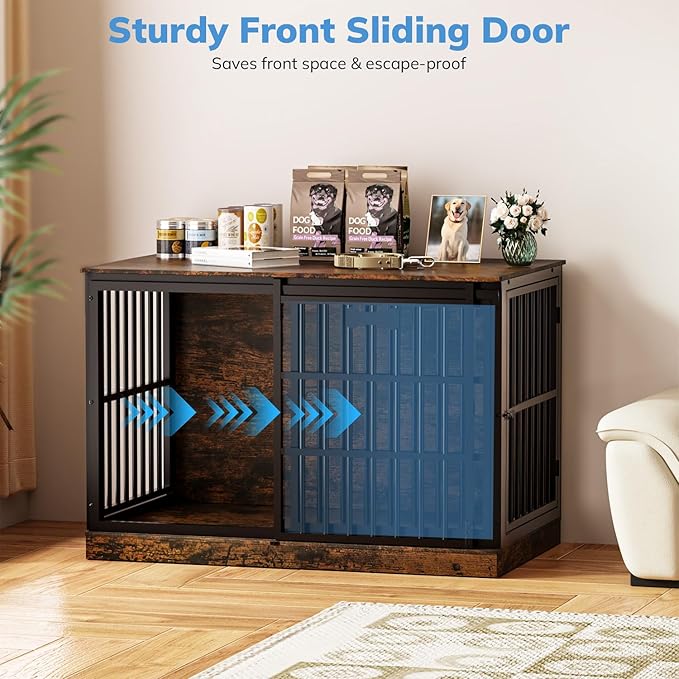 Petrova 47" Dog Crate Furniture for Large/Medium Dogs, Heavy Duty Dog Kennel Indoor with Name Tag, Wooden Dog Cage with Sliding Barn Door, Decorate House as TV Stand, End Table, Brown