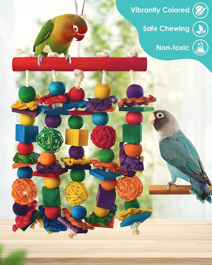 DBNESS Bird Toys, Parakeet Chewing Toy, Multicolored Natural Wooden Blocks Birds Parrot Tearing Toys mit Rattan Wicker Balls, for Medium Small Macaw Cockatoos Budgie Lovebird Cockatiel Conures