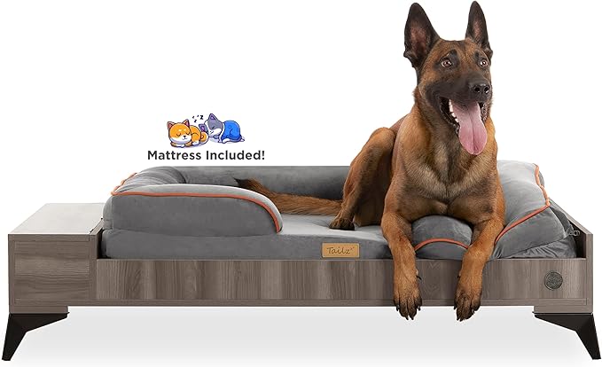 Wooden Dog Bed with Mattress, Small to Medium Elevated, Water Resistant Pet Bed, Wooden Pet Bed with Storage, Greenguard Gold Certified, Machine Washable Cover, Smokey Grey, Wyatt - TailZzz