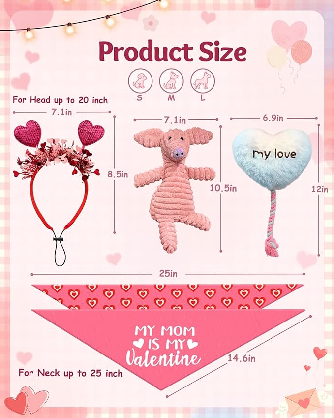 Swooflia 4 Pcs Pink Valentines Dog Toys - Cute Plush Squeaky Dog Toys, Cat Dog Scarf Headband for Puppy Pet to Keep Them Busy (Not for Big & Aggressive Chewer)