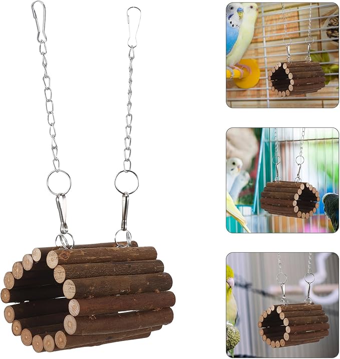 Wooden Parrot Swing Hanging Bird Tunnel with Hook Small Natural Wood Chew Tunnel for Bird Cages Interactive Cage Accessory for Parakeets Cockatiels