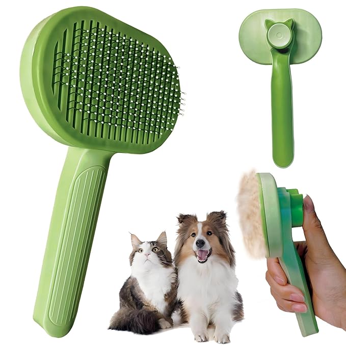 Demiya Cat Grooming Brush with Ergonomic Handle, Green Plastic Pet Brush for Cats & Dogs, Hair Shedding and Deshedding Tool for Long & Short Haired Pets (Green)