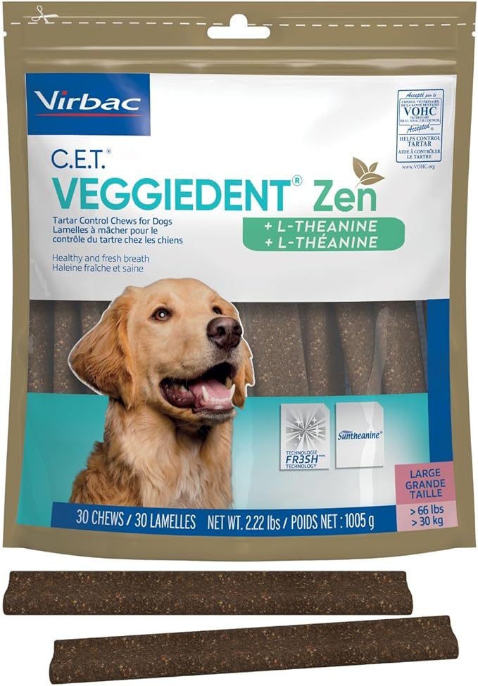 Virbac C.E.T.® VEGGIEDENT® Zen Tartar Control Chews for Dogs - Multifunctional to Support Mental Well-Being, VOHC Approved - Large Dogs Over 66lbs