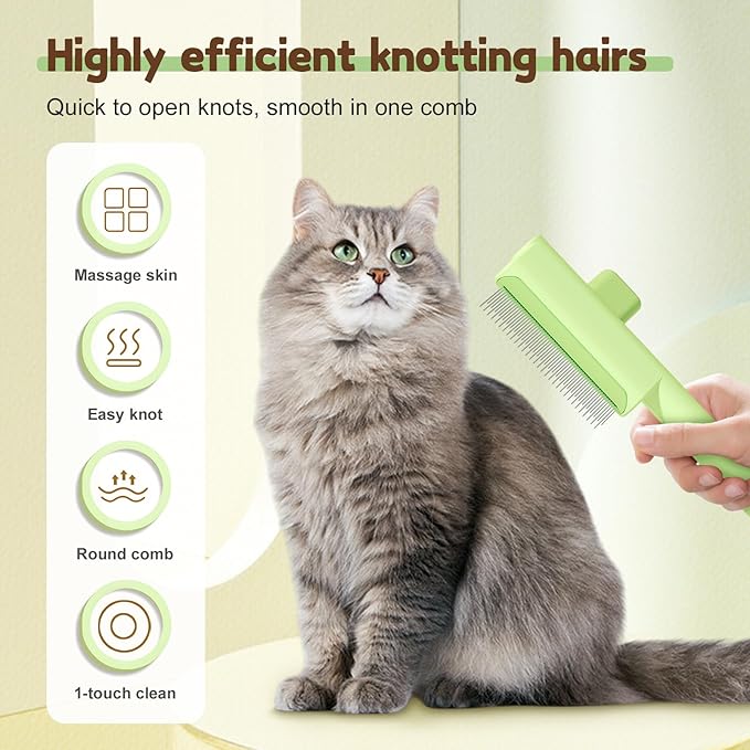 Pet Hair Removal Comb Flea Comb, 2025 Upgrade Cat Grooming Brush, Cat Brush with Release Button, De-Shedding Hair, Dog Grooming Supplies, Fine-Tooth Massage (White+Green)