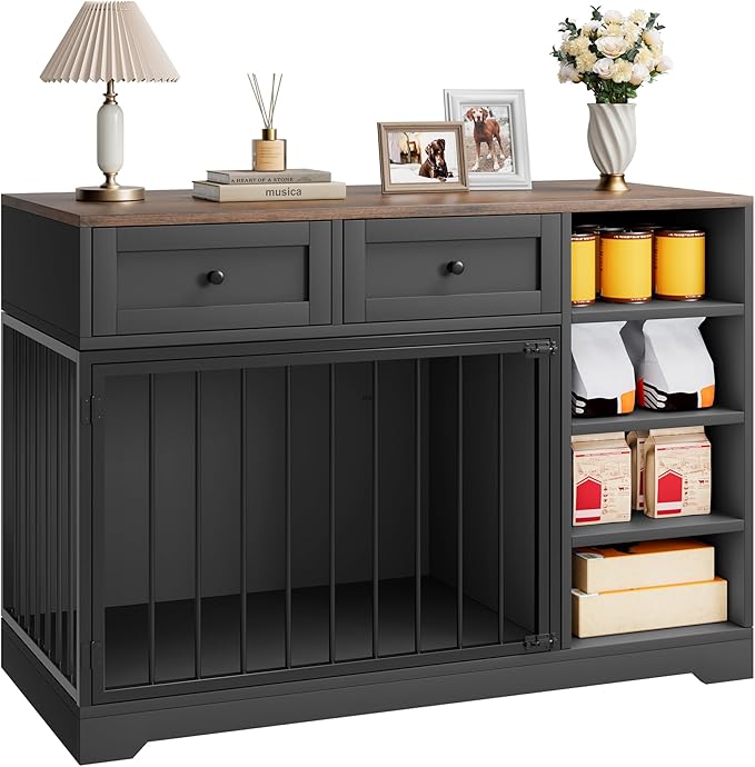 GarveeHome Dog Crate Furniture 47", Large Dog Crate TV Stand with 2 Drawers and 4 Shelves, Wooden Dog Kennel Indoor, Decorative Dog Cage with Storage for Large Dogs, Black