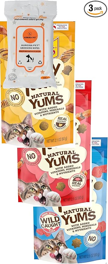(3 Pack) Natural YUMS Cat Treats (1) Real Chicken (1) Real Salmon (1) Real Tuna with AuroraPet Wipes