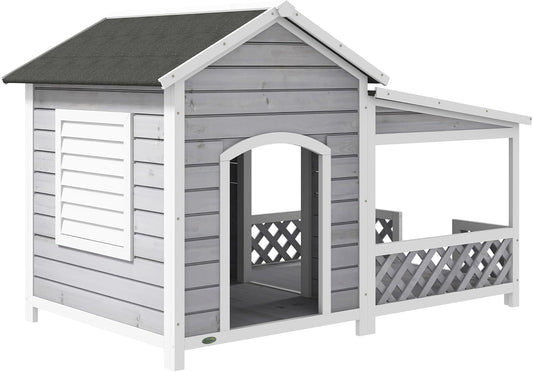 PawHut Wooden Dog House Outdoor with Porch, Cabin Style Raised Dog Shelter with Asphalt Roof, Doors, and Shutter Window, for Medium Large Sized Dog, Light Gray