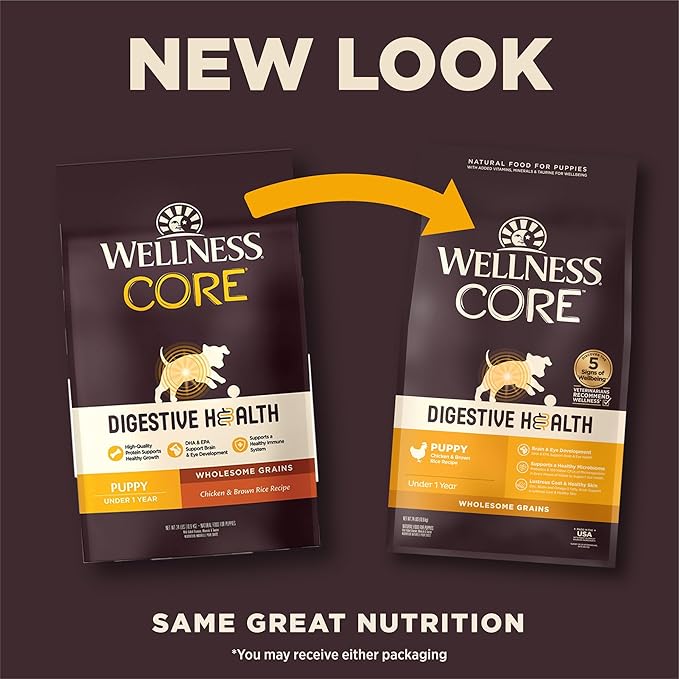 Wellness CORE Digestive Health Puppy Dry Dog Food, Wholesome Grain Kibble, Sensitive Stomach, Natural, High Protein, Chicken and Brown Rice Recipe, 24 lb Bag