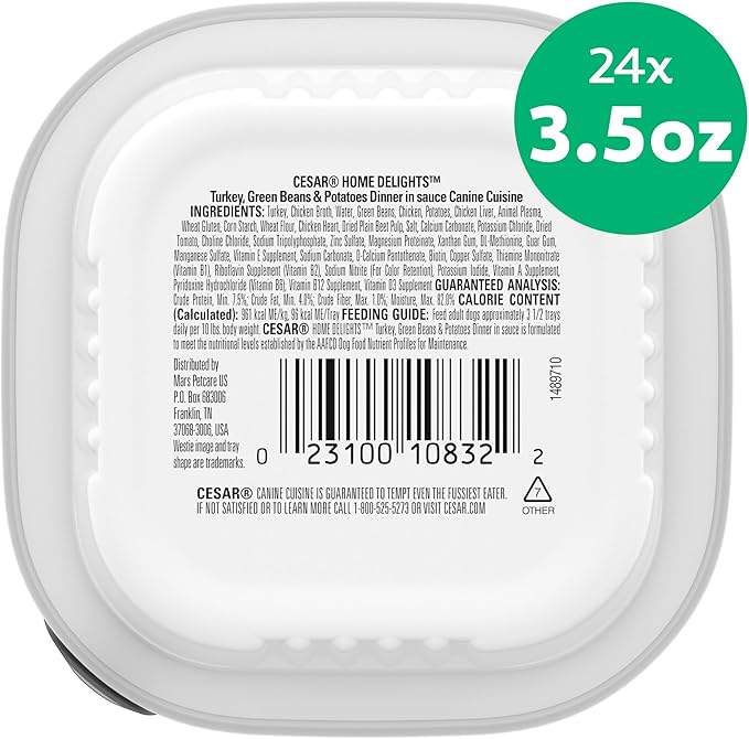 Cesar Home Delights Adult Wet Dog Food, Turkey, Green Beans & Potatoes Dinner in Sauce, 3.5 oz. Easy Peel Dog Food Tray, 24 Count (Pack of 1)