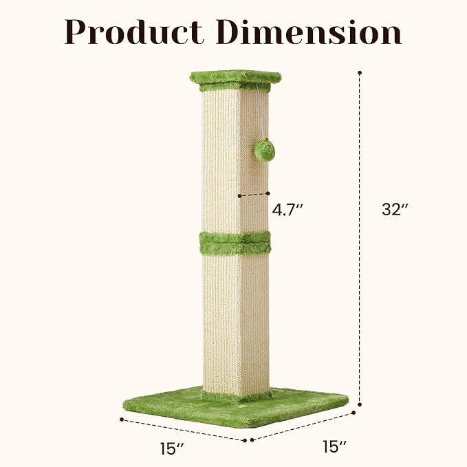 Fansafurn Tall Cat Scratching Post, 32'' Heavy Duty and Thick Scratching Post, Scratching Post for Adult Cats, Thick Sisal Rope with Hanging Ball, Green