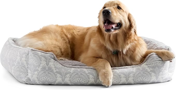 Nicole Miller NEW YORK PET Mod Damask Plushy Bolster Pet Bed, Cozy & Calming, Non-Slip Bottom, Machine Washable Cover, Grey, Large 35"x28"x8"