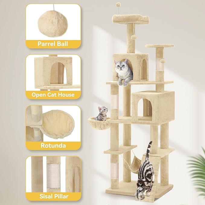 DWVO 190.5 cm Tall Heavy Duty Cat Trees for Large Cats, 75inch Maine Coon Tower for Indoor Large Adult with Snug Hammock, Climbing Ladder, and Plush Balls Adult Cats,Beige