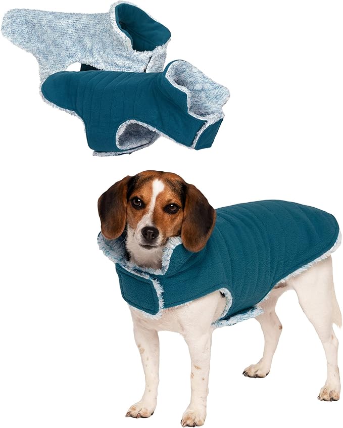 Furhaven Reversible Small Dog Coat, Washable & Insulating w/ Leash Access - Two-Tone Faux Fur & Quilted Fleece Flex-Fit Jacket - Marine Blue, Small