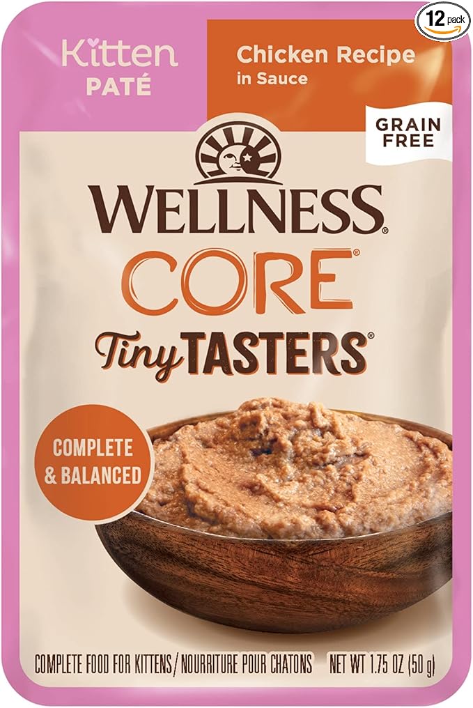 Wellness CORE Tiny Tasters Pate Kitten Wet Cat Food, Natural, Protein Rich, Grain Free, Chicken Recipe, 1.75 oz, Pack of 12 Pouches