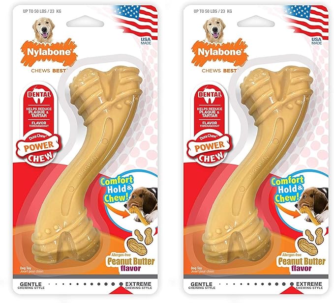 Nylabone 2 Pack of Allergen-Free Peanut Butter Flavor Comfort Hold Power Chew Bone, Giant, Dental Chew Dog Toy