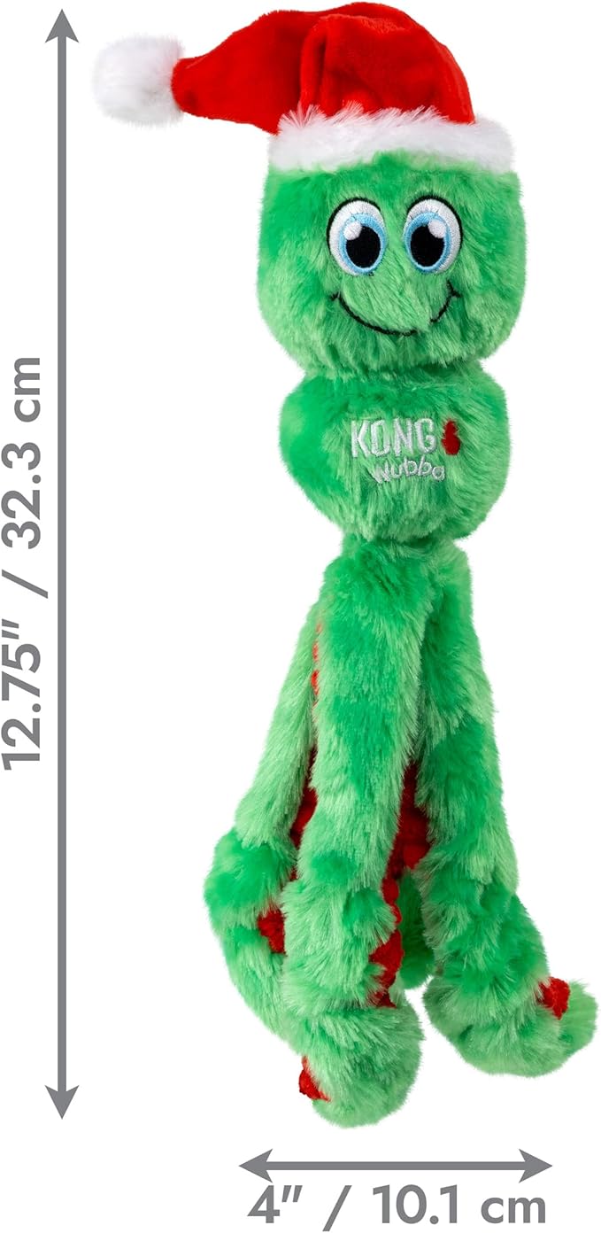 KONG Holiday Wubba Octopus Dog Toy – Christmas Plush Squeaky Tug & Fetch Toy with Santa Hat, Durable Festive Play Toy, Large