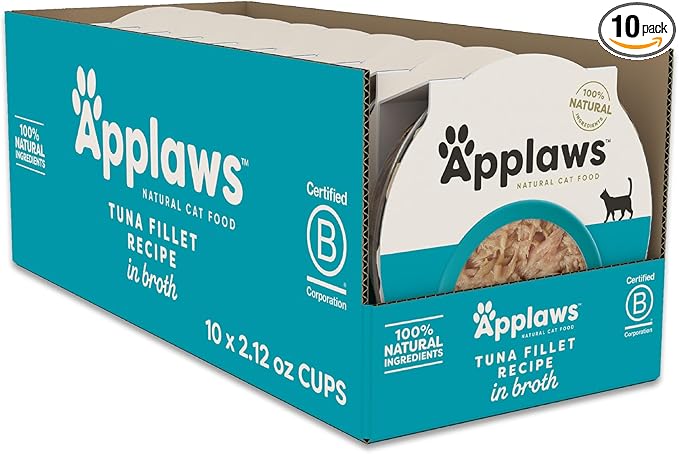 Applaws Natural Wet Cat Food in Broth, Limited and Natural Ingredients, High Protein with No Artificial Additives, Tuna Fillet in Broth (10 x 2.12 oz Easy-Open Cups)