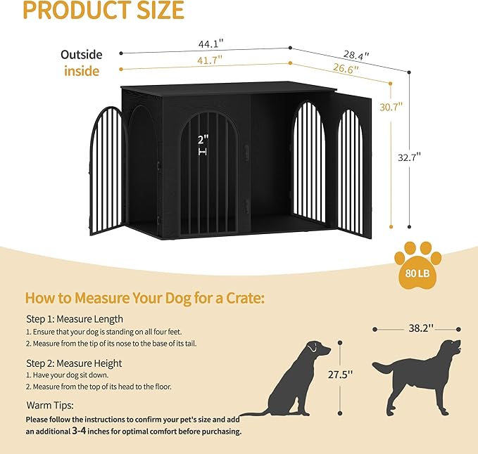 Hzuaneri 44.1" Wooden Dog Crate Furniture, Indoor Dog Kennel Dogs Cage for Small/Medium/Large Dogs, Heavy Duty Dog Crates Decorative Pet House End Side Table TV Stand, Black DFC83904B