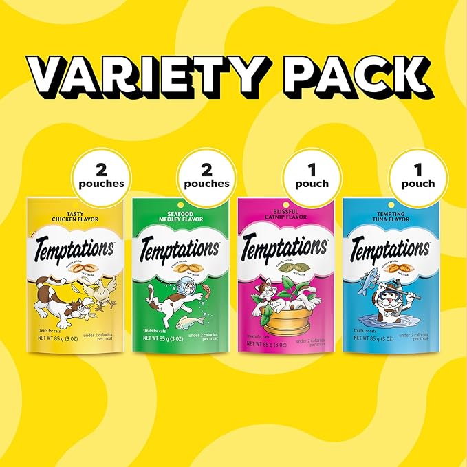 Temptations Cat Treats Classic Crunchy and Soft Feline Favorites Variety Pack, 3 oz. Pouches (Pack of 6)