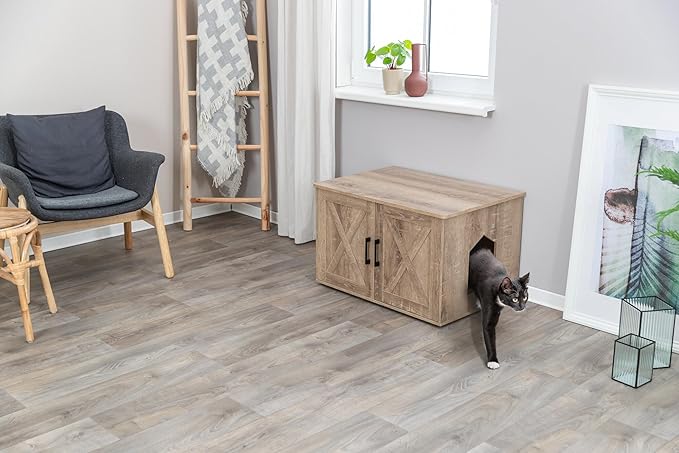 TRIXIE XL Farmhouse Litter Box Enclosure (Graywash), Hidden Litter Box for Cats in Farmhouse-Style, Openings on Either Ends, Large Ventilations Slots, Double Doors for Easy Cleaning, Removable Divider