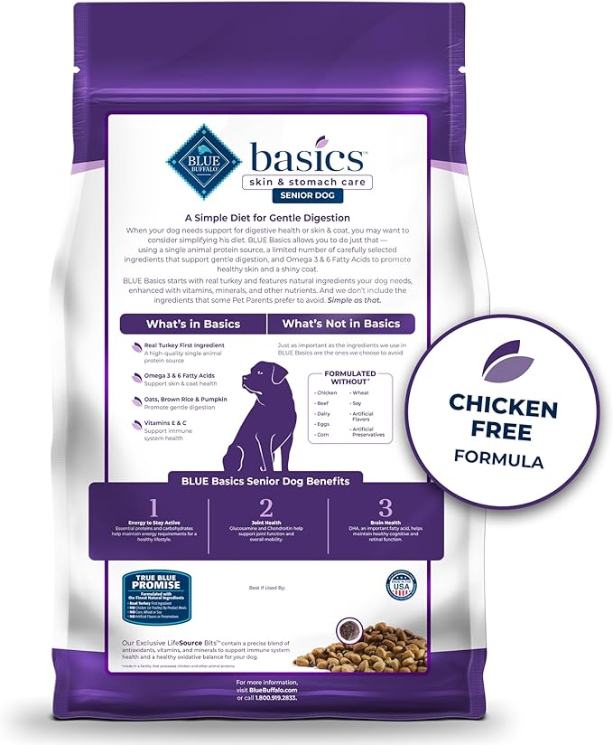 Blue Buffalo Basics Senior Dry Dog Food, Skin & Stomach Care, Limited Ingredient Diet, Turkey Recipe, 24-lb Bag