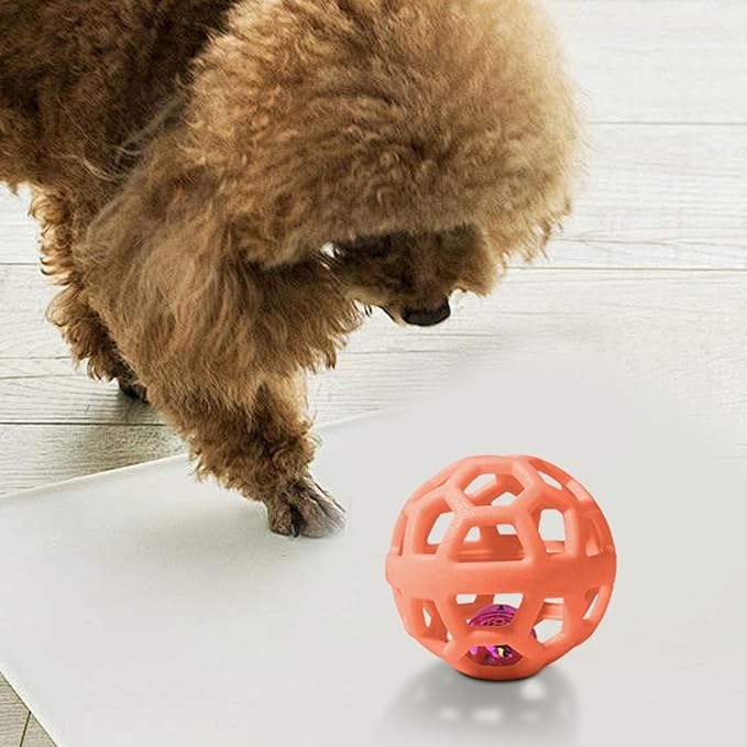 Dog Chew Toys with Bell Sound, 3 Rubber Bouncy Ball for Medium/Large Dogs, Interactive Fetch Ball Teeth Cleaning&Training, Hollow Design with Internal Bells (Orange)