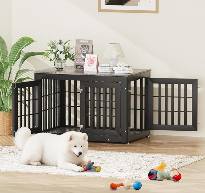 Snuowu 42" Heavy-Duty Dog Crate Furniture for Large/Medium Dogs, XL Wooden Dog Cage Kennel Indoor Furniture, Decorative Pet House End Table, Black & Grey