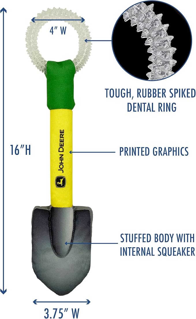 JOHN DEERE DOG SHOVEL TOY. STURDY PET TOY WITH inner Squeaker. DIGGING TOY FOR FARMERS, Construction & MORE