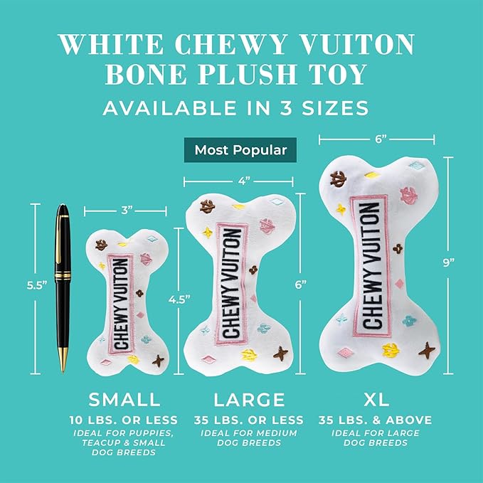 Haute Diggity Dog Chewy Vuiton Bone Plush Squeaky Dog Toy, Soft Durable Designer-Inspired Stuffed Puppy Chew Toys for Small & Medium Dogs, Machine-Washable (White) Small