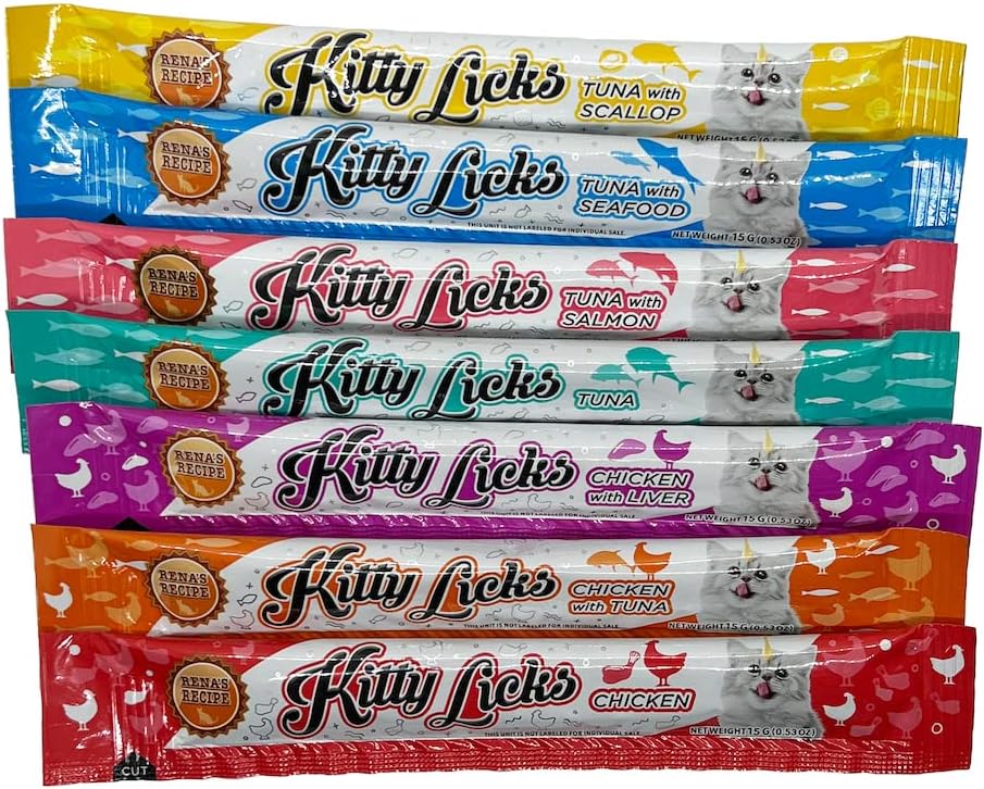 Rena's Recipe Kitty Licks Lickable Cat Treats Variety Pack 28 Tubes Creamy Cat Treat Purée 7 Flavors Tuna Chicken Grain Free Cat Squeeze Treats